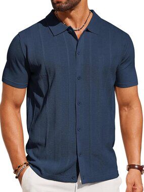 Men's Navy Blue Knit Short Sleeve Button Down Polo premium lightweight Shirt